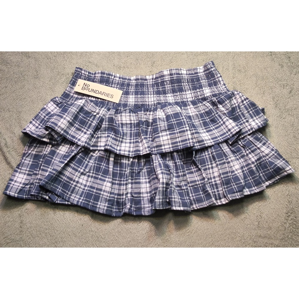 No Boundaries Ruffle Mini Skort Blue White Plaid High Rise Small 4-6 NEW